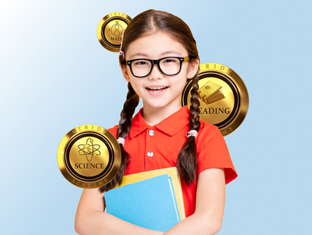 Girl with science badges around her