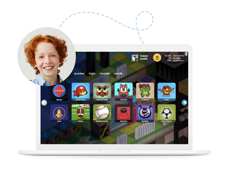 Laptop with games on screed and image of boy in circle