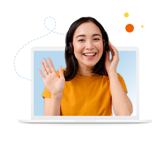 A girl waving in the screen of a laptop