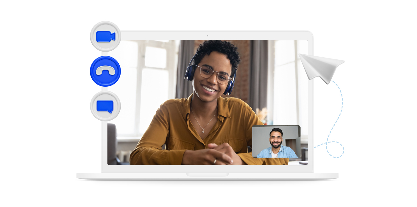 A woman smiling on a video call on a laptop