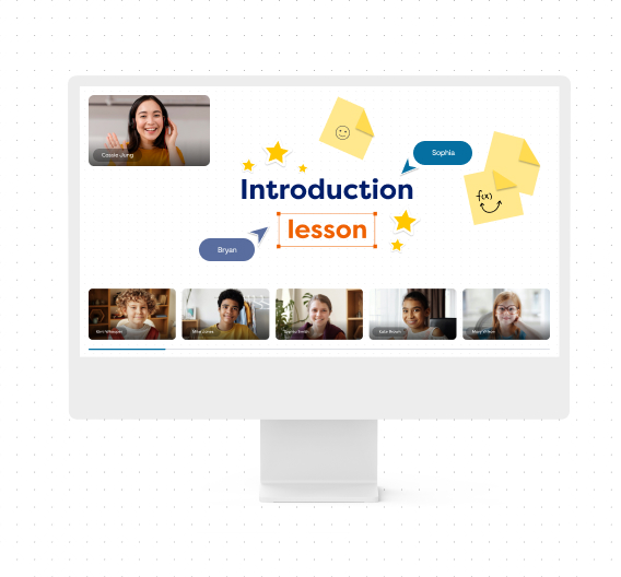 Monitor displaying Introduction lesson text and images of six kids