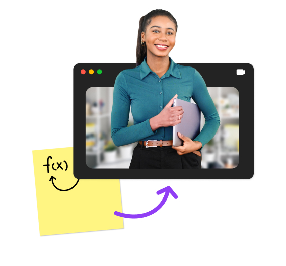 A woman coming out of a computer window holding a laptop next to a sticky note