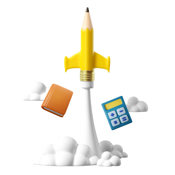Launching pencil as rocket with clouds, book and calculator around