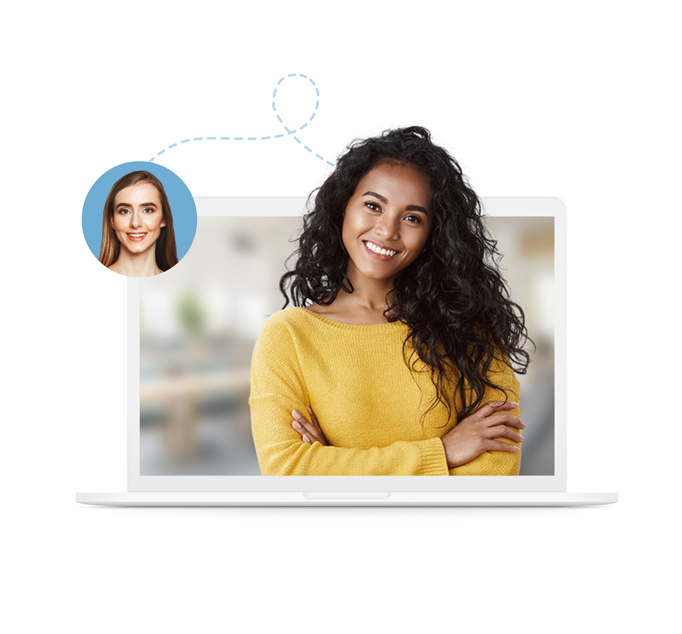 A smiling woman on a laptop connected with dots to another smiling woman