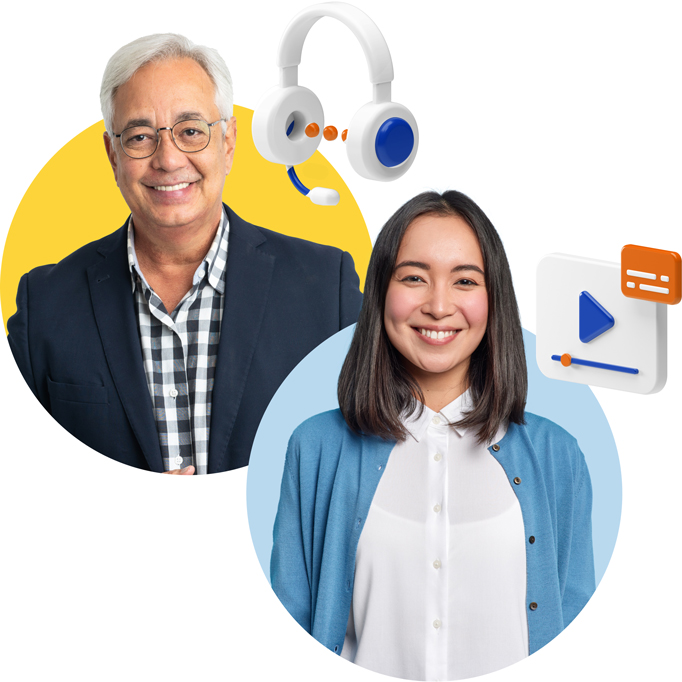 Smiling man and woman with earphones