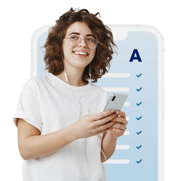 Girl with glasses holding mobile with headphones with mobile phone in the background