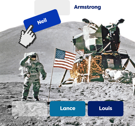 Man on moon with three possible answers of Armstrong name