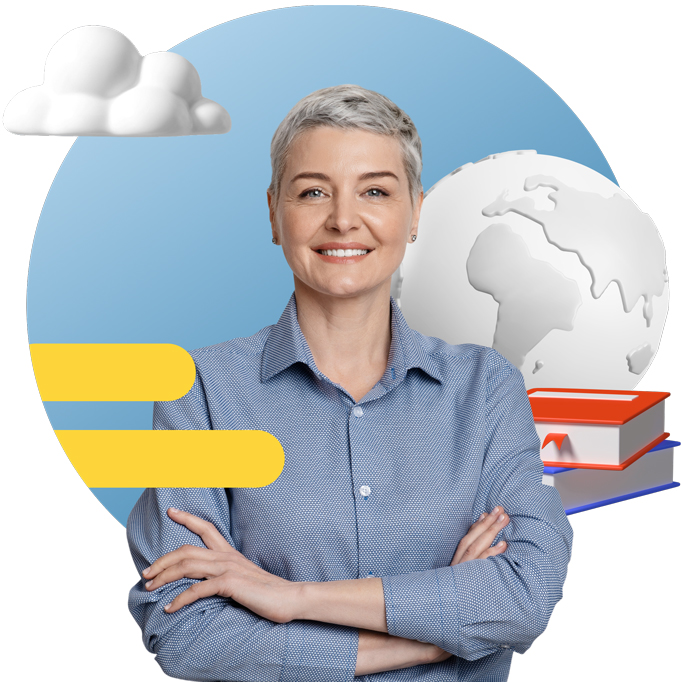 Woman in blue shirt surrounded by globe, books, clouds