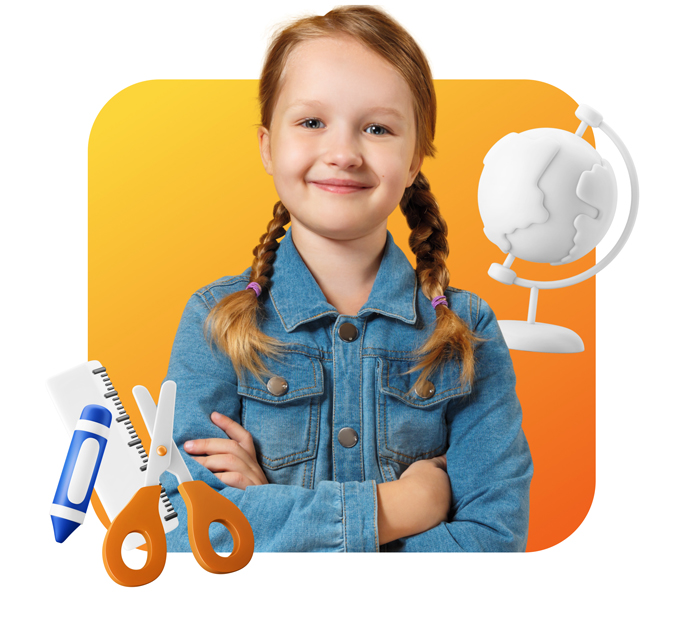 Smiling girl with ponytails surrounded by pencil, ruler, scissors and globe