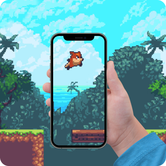 A hand holding a phone with a game against a background of the same game