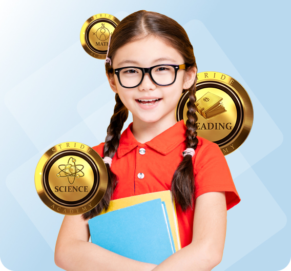 A smiling young girl holding books with medals around her