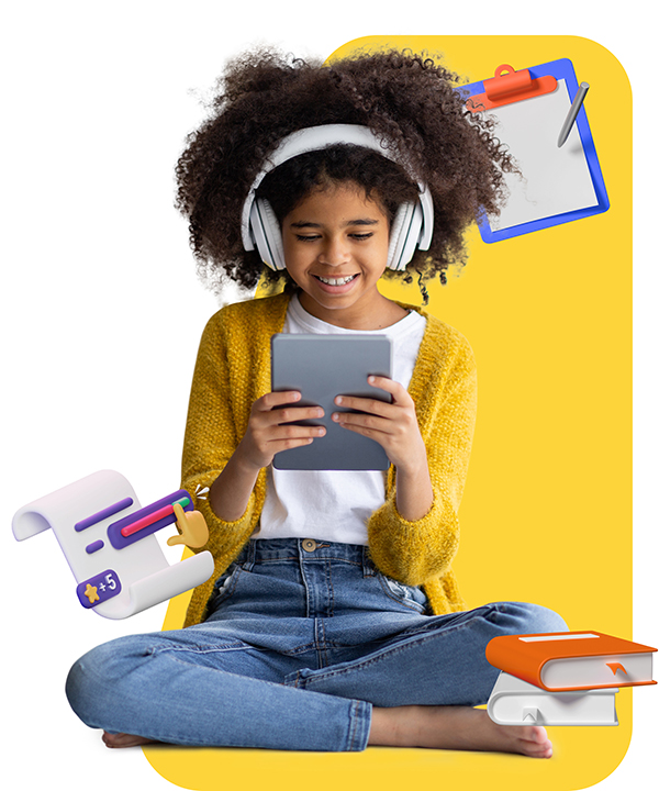 Girl with headphones looking at tablet surrounded by books, diploma and board