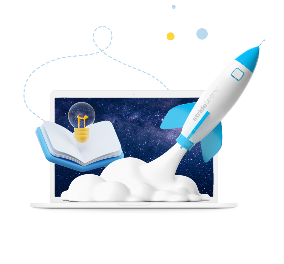 a laptop with a rocket taking off and a book