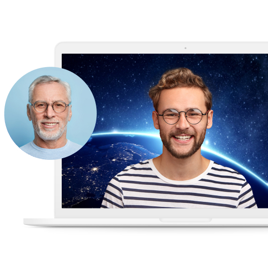 A young man smiling on a laptop with an older man smiling in a circle to the side