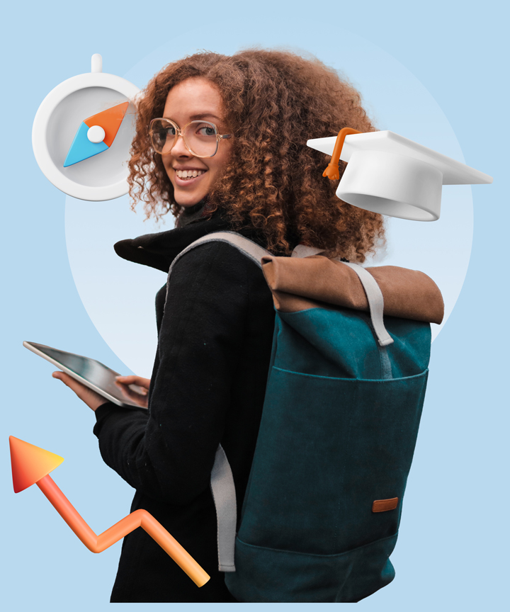 Girl with backpack holding tablet, surrounded by the arrow, graduation hat and compass