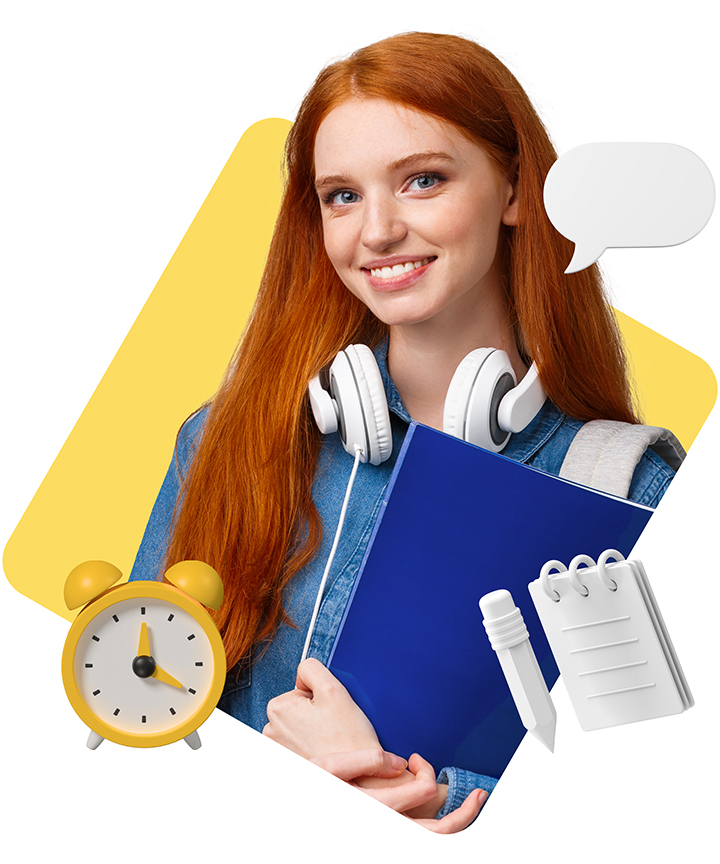Smiling redhead female teen, surrounded by a clock, notebook and pencil