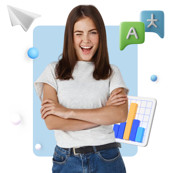 A winking, smiling woman against a cartoon graph, paper airplane, and letters