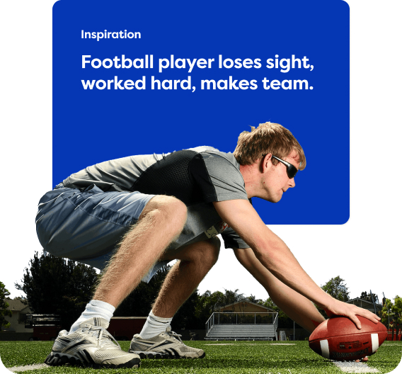 Blind man wearing glasses with football ball in hands