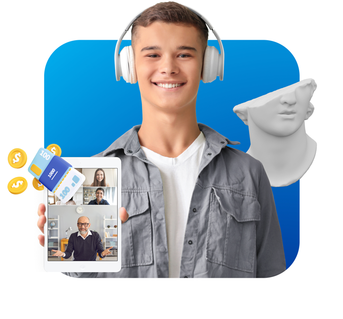 A teen boy with headphones showing a tablet in his right hand. Coins are popping out of the tablet and the broken sculpture head behind his left shoulder