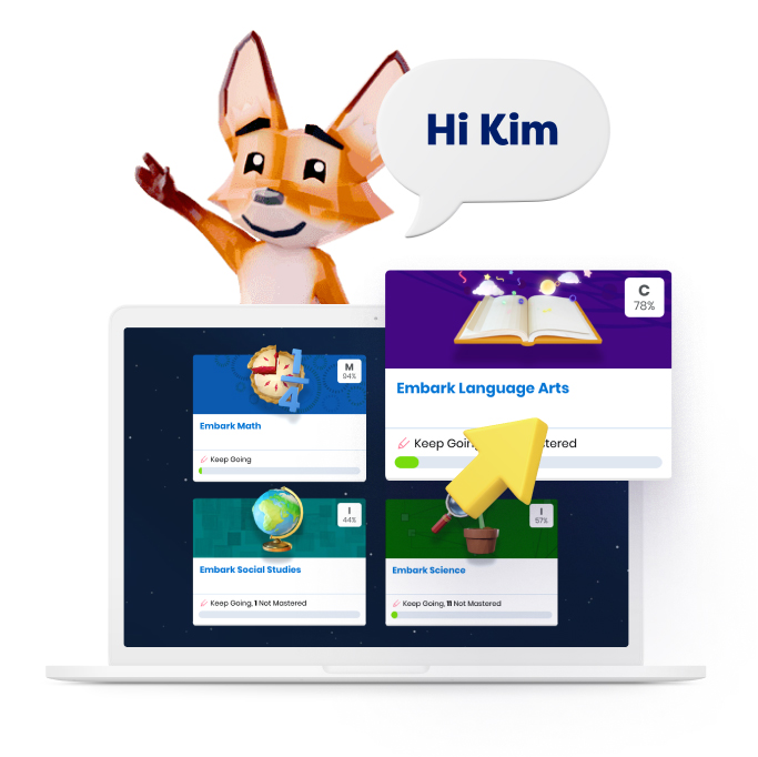 The laptop displays four squares with courses, the square pointed by an arrow going outside of the boundaries of the laptop. Behind the laptop is a cartoon fox and bubble saying, Hi Kim