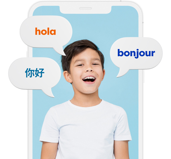 A boy displayed on mobile screen surrounded by cartoon speech bubbles containing word hello in different languages