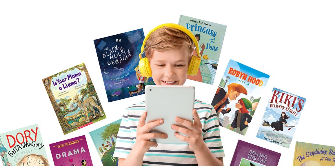 Boy with headphones looking at tablet with books in the background