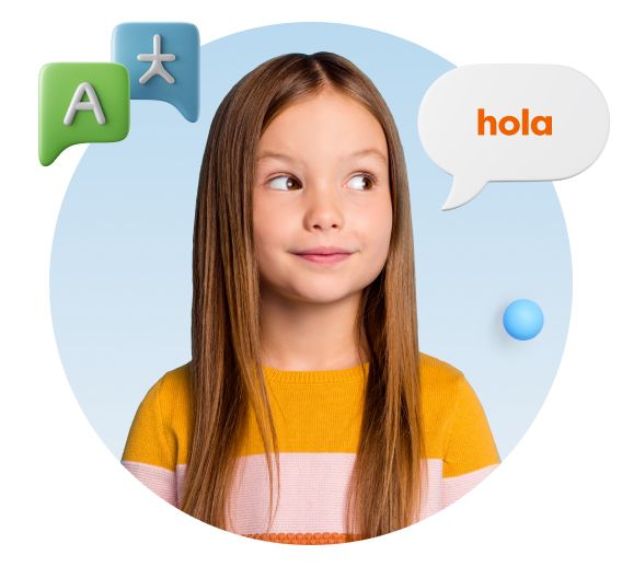 A smiling girl looking to the side where a text bubble says "Hola"