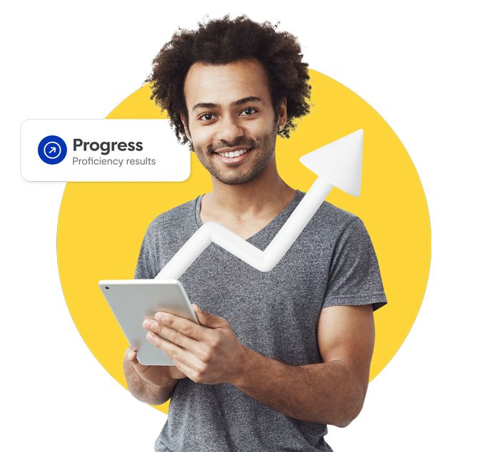 Man holding tablet with yellow background and Progress sign