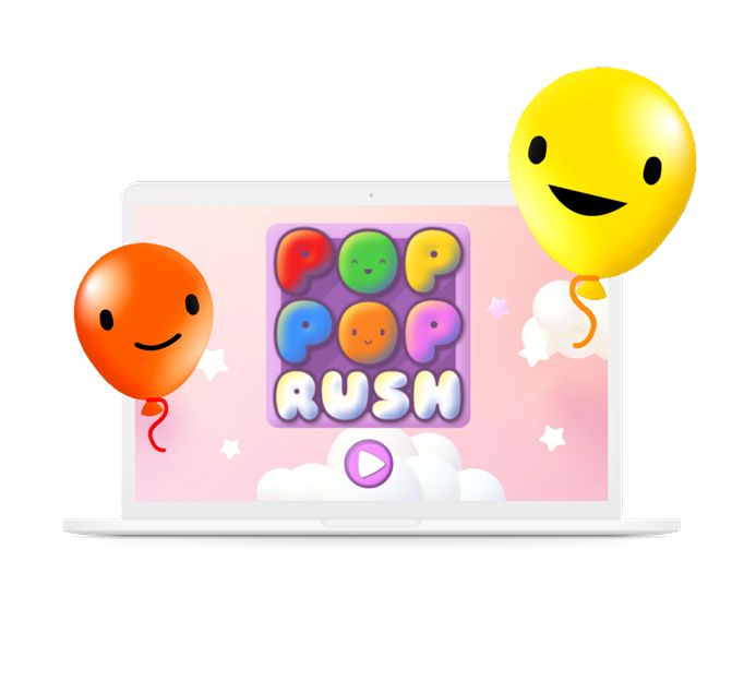 the pop-pop rush game displayed on the laptop with two balloons on each side