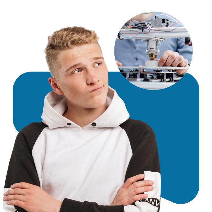 Thinking teenager with industrial image in top right corner