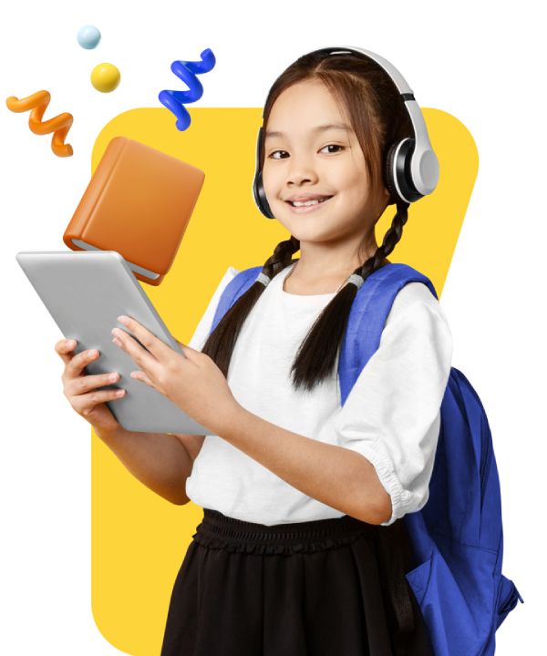 A young girl with ponytails, headphones on her head, and tablet in her hands on yellow background.